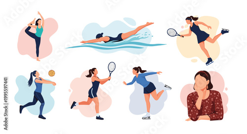 Collection of illustrations featuring female athletes participating in different sports including swimming, tennis, and yoga.