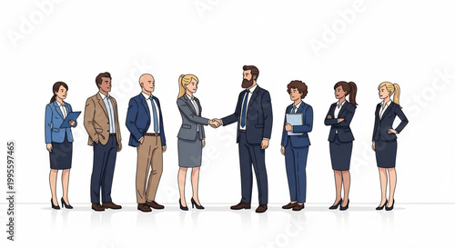 Business professionals in formal attire shaking hands as a team stands by