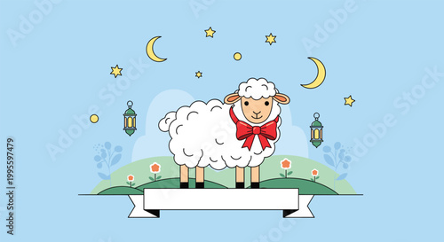 Adorable white sheep wearing a red bow standing in a serene night landscape with glowing lanterns, stars, and crescent moons.