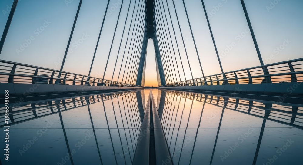 Fototapeta premium Modern Cable-Stayed Bridge Architecture Featuring Striking Symmetry and Soft Sunset Reflections on Water