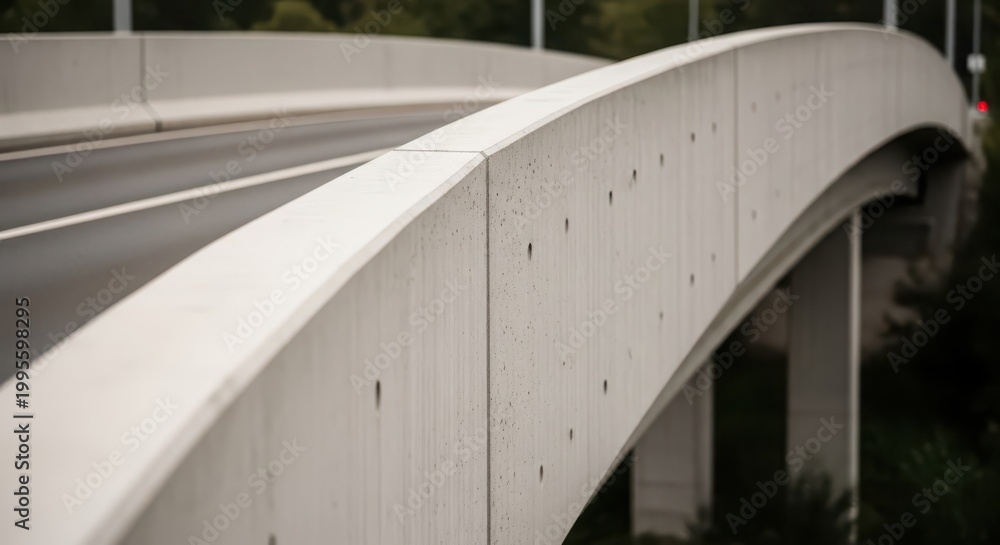 Fototapeta premium Smooth concrete bridge structure with curved road overhead, showcasing modern engineering and infrastructure design.