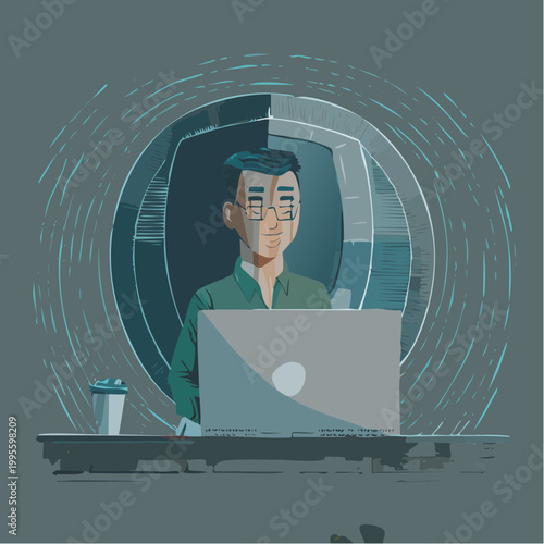 A cheerful cybersecurity expert with glasses monitors a glowing digital shield on a laptop.