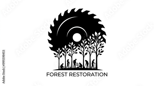 Symbol of forest restoration with a saw blade transforming into trees and people working.