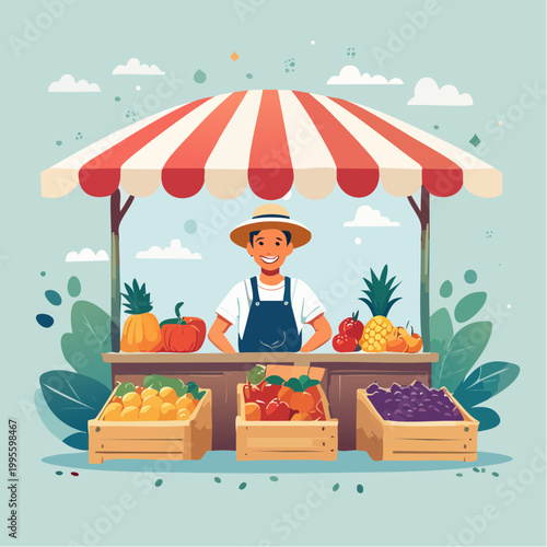 Cheerful farmer vendor with fresh produce at a colorful market stall, offering a vibrant selection of fruits and vegetables