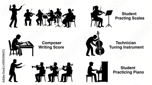 Professional Music Silhouettes Vector Set: Orchestral Conductors, Composers Writing Scores, Students Practicing Instruments, and Technicians Tuning a Double Bass Isolated on White Background