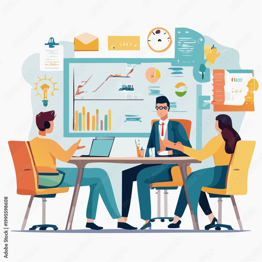 Fototapeta premium Diverse business team actively collaborating during a dynamic brainstorming session with data charts and analytics on a whiteboard