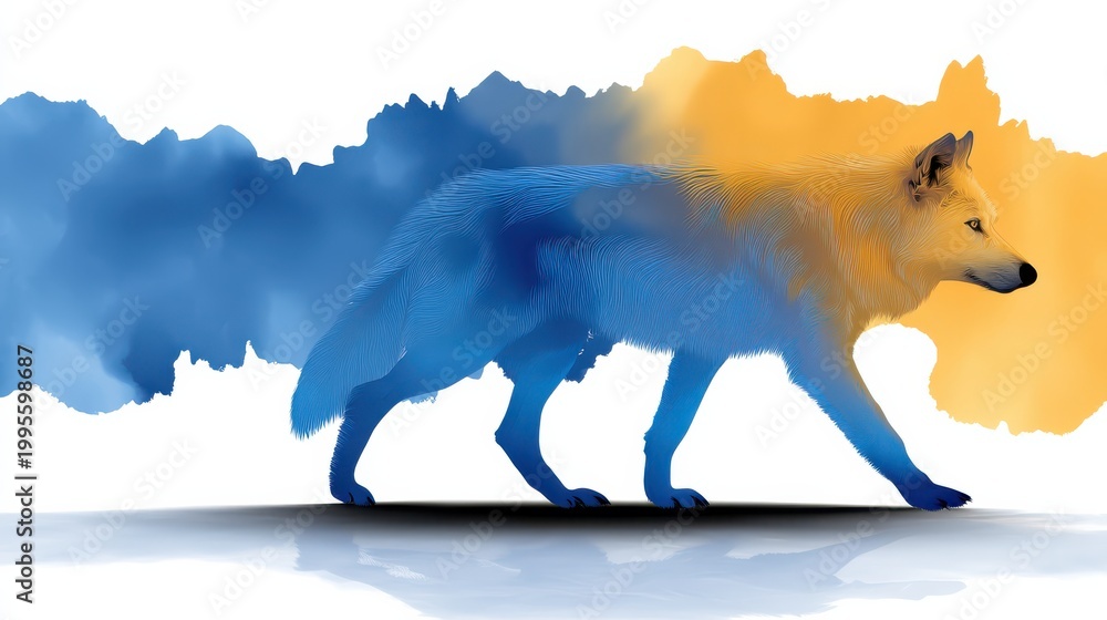 Fototapeta premium A stylized fox walking, blending blue and orange watercolor splashes in a creative, artistic digital painting.