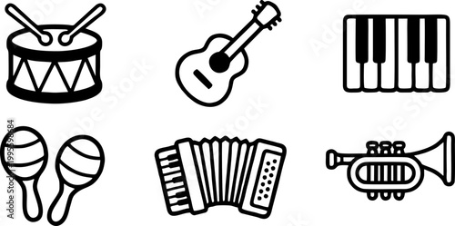 Set of Musical Instrument Icons in Minimalist Line Art Style