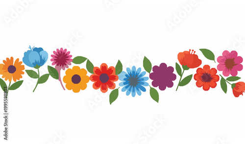 Vibrant floral border line with colorful decorative flowers for feminine design vector illustration isolated on white