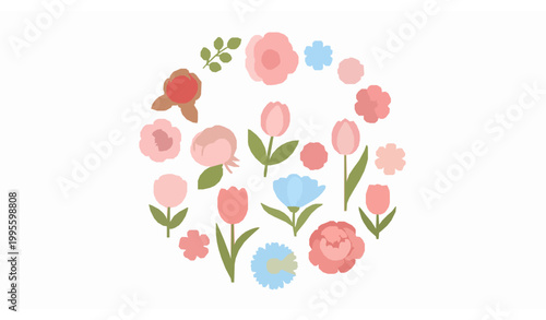 Colorful feminine flower circle composition with roses tulips and daisies flat vector set isolated on white