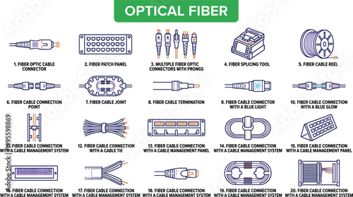 Optical fiber connection icon set featuring cable components connectors splicing tools and network communication technology detailed vector collection