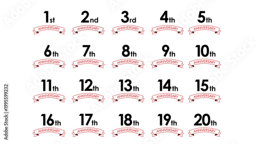 リボンのアニバーサリーロゴセット(1周年 2周年 3周年 4周年 5周年 6周年 7周年 8周年 9周年 10周年 11周年 12周年 13周年 14周年 15周年 16周年 17周年 18周年 19周年 20周年 お祝い 周年記念 イベント 設立記念 : anniversary icon 05-2