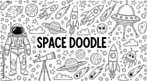 Black and white space doodle vector set with astronaut, rocket, UFO, planet, telescope, comet, star and alien outer space exploration collection