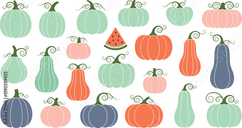 Colorful pastel pumpkin and gourd vector set with mint, pink, orange, navy shapes and watermelon slice autumn harvest decoration collection