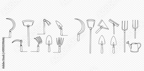 Set of gardening tools and farming equipment in continuous line art drawing style.