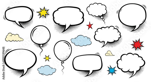 Colorful comic speech bubbles and icons.