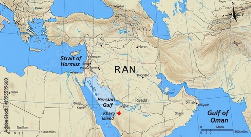 Geographical map highlighting the location of kharg island in the persian gulf near iran coast