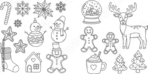 Christmas Doodle Outline Element Set Vector Illustration with Snowman, Reindeer, Gingerbread, Snow Globe, Stocking, House, Tree and Snowflake in Black Line Style