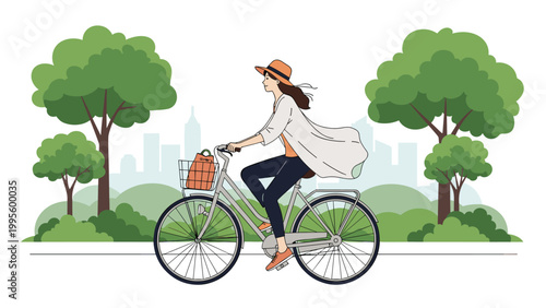 Stylish woman wearing a hat and light jacket, happily riding a bicycle through a green park with a modern city skyline in the background.