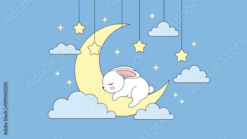 Sweet and peaceful white bunny sleeping serenely on a crescent moon, surrounded by twinkling stars and soft clouds against a gentle blue sky.