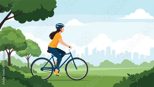 Energetic woman wearing a helmet and actively riding a bicycle through a vibrant green park, with a modern city skyline visible in the background.