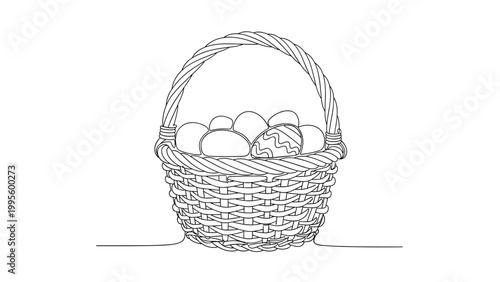Charming Easter basket overflowing with decorative eggs, beautifully rendered in a clean and festive continuous line art style.
