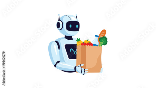 Friendly modern robot holding a brown paper grocery bag filled with fresh produce, illustrating futuristic delivery services and smart living.