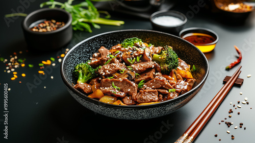 Beef and broccoli stir-fry with mushroom in a dark bowl
