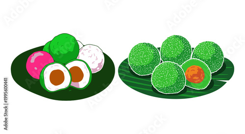 Colorful Indonesian Klepon rice balls served on banana leaves