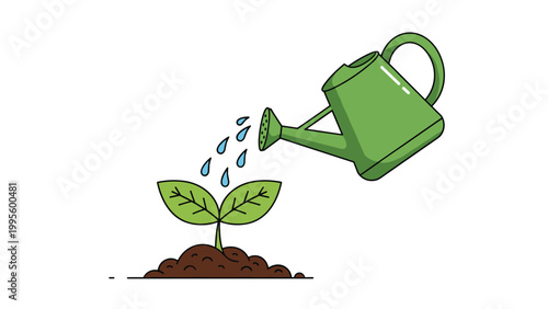 Bright green watering can carefully nurturing a young plant seedling sprouting from the soil, symbolizing new life, growth, and environmental care.