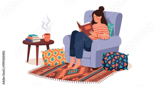 Peaceful woman relaxing in a comfortable armchair, engrossed in reading a book, with a warm cup of coffee and decorative pillows nearby.