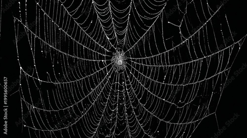 Fototapeta premium A delicate spider web glistens with dew drops on a black background