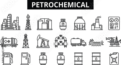 Petrochemical industry icon set featuring oil refinery drilling equipment fuel storage transport and energy production outline vector collection