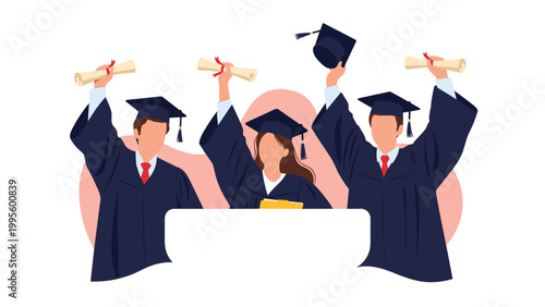 Exuberant group of diverse graduates joyfully holding diplomas and throwing their caps into the air, celebrating academic achievement and success.