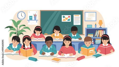 Diverse group of enthusiastic elementary school children actively engaged in reading and writing at their desks within a vibrant and organized classroom.