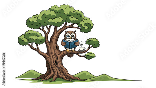 Wise owl wearing glasses, engrossed in reading a book while perched on a sturdy tree branch with a steaming cup of coffee nearby.
