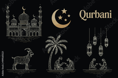 Golden Qurbani Concept Kit with Moon Lanterns and Traditional Figures