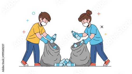 Two diligent children wearing protective masks and gloves, actively collecting plastic bottles into recycling bags, promoting environmental clean-up and sustainability.