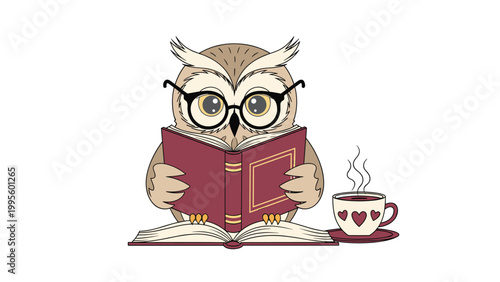 Adorable and wise owl wearing glasses, deeply immersed in reading a book, with a steaming cup of coffee nearby for a cozy study session.