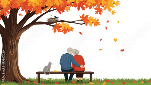 Affectionate elderly couple sitting together on a park bench under a beautiful autumn tree with vibrant falling leaves, accompanied by a cat.