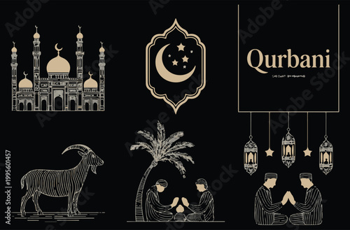Qurbani Eid al-Adha Gold Icon Set with Mosque Goat and Prayer Silhouette