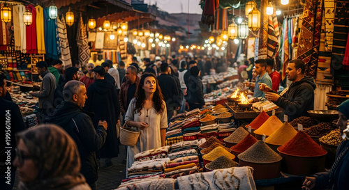 Young woman standing in busy Moroccan souk market among spice piles and hanging lanterns with warm cinematic lighting and authentic atmosphere