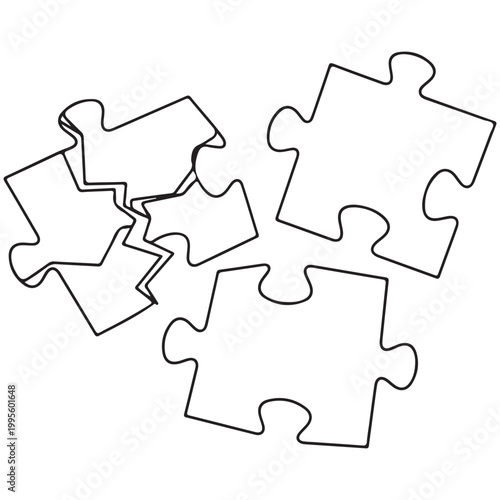 Minimalist continuous line drawing of jigsaw puzzle pieces with one broken piece isolated on white background
