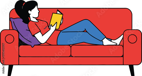 Peaceful rest and relaxation woman reading a book on a cozy red couch