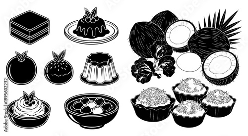 Set of hand drawn coconut desserts and tropical sweets sketches