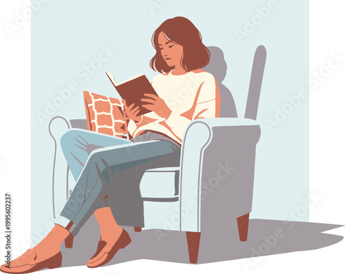 Peaceful rest and relaxation woman reading a book in a comfortable chair