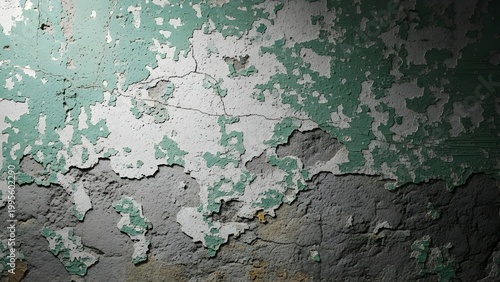 A rough green paint background on an old weathered concrete wall reveals a dirty and cracked grunge texture