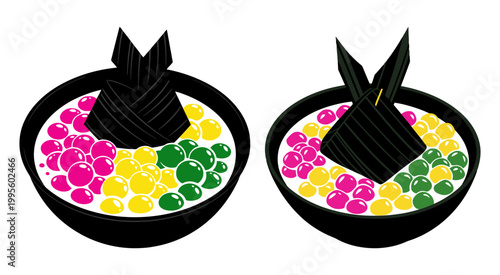 Two bowls of colorful tapioca pearl dessert with black seaweed snack garnish