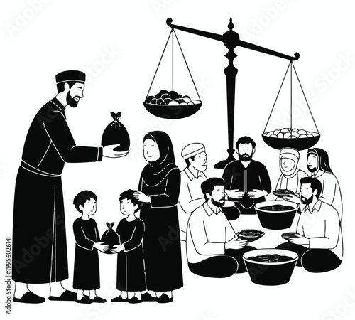 Qurbani Sacrifice Concept with Goat Silhouette and Food Distribution