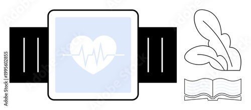 Fitness tracker, literature, wellness, health monitoring, digital tools, productivity. Heartbeat displayed on smartwatch next to book and feather graphics. Fitness tracker and literature concepts